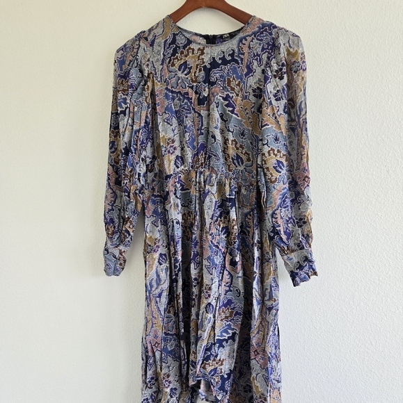 Zara Digital Floral Paisley Balloon Sleeve Midi Dress Blue Gold size Medium - Picture 4 of 10